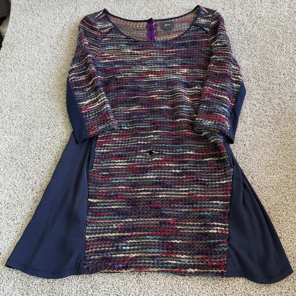 Maeve Dress Womens L Multicolor Striped 3/4 Sleeve Knit Trapeze Swing Boho